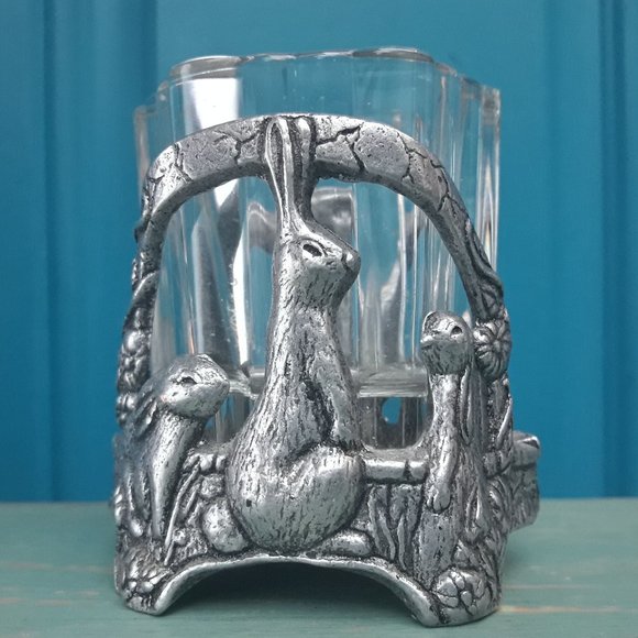 Silver Metal Bunny Rabbit Candle Holder or Trinket Dish Silver Metal Glass Gifts - Picture 10 of 16